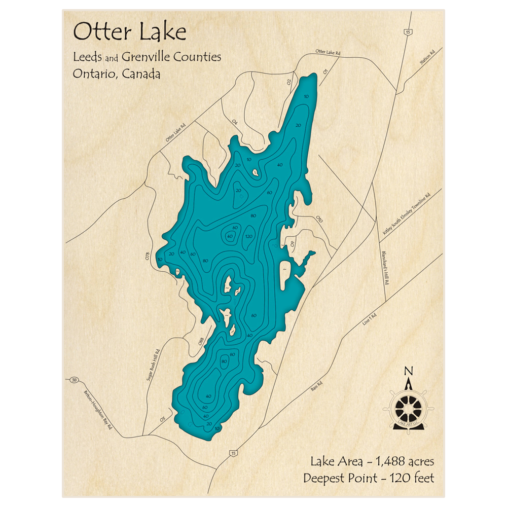 Bathymetric topo map of Otter Lake with roads, towns and depths noted in blue water
