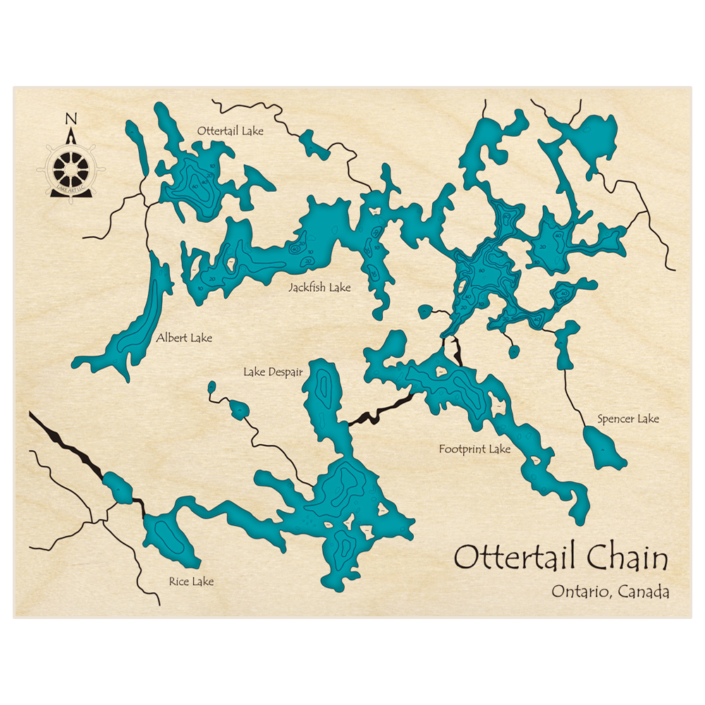 Bathymetric topo map of Ottertail Chain (Jackfish Despair Footprint Albert Ottertail) with roads, towns and depths noted in blue water