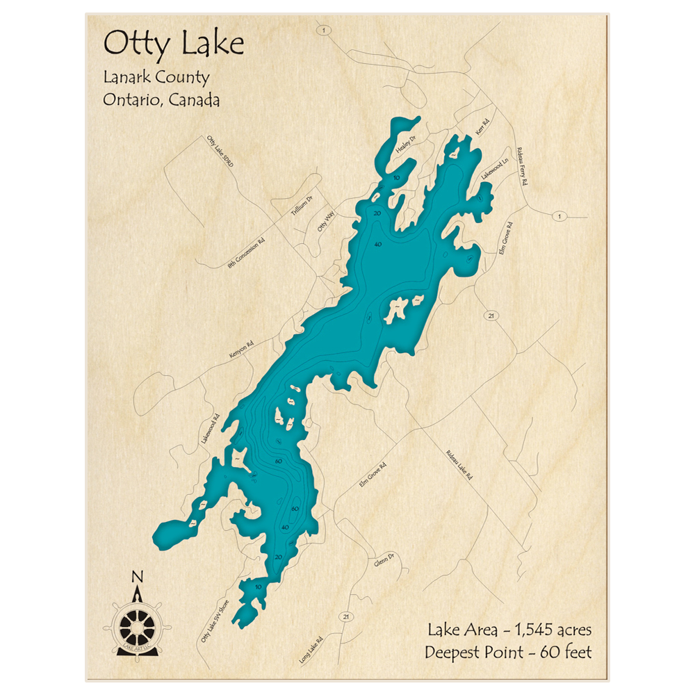 Bathymetric topo map of Otty Lake with roads, towns and depths noted in blue water