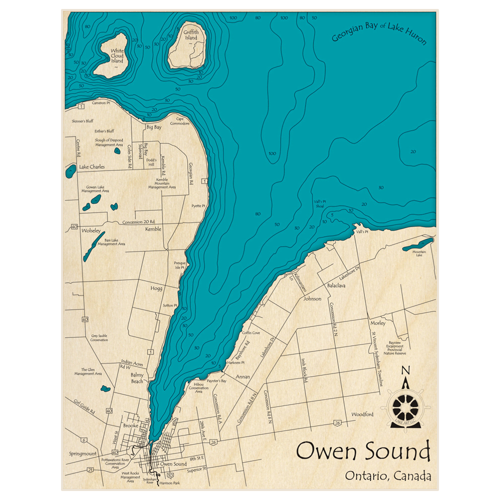 Bathymetric topo map of Owen Sound with roads, towns and depths noted in blue water