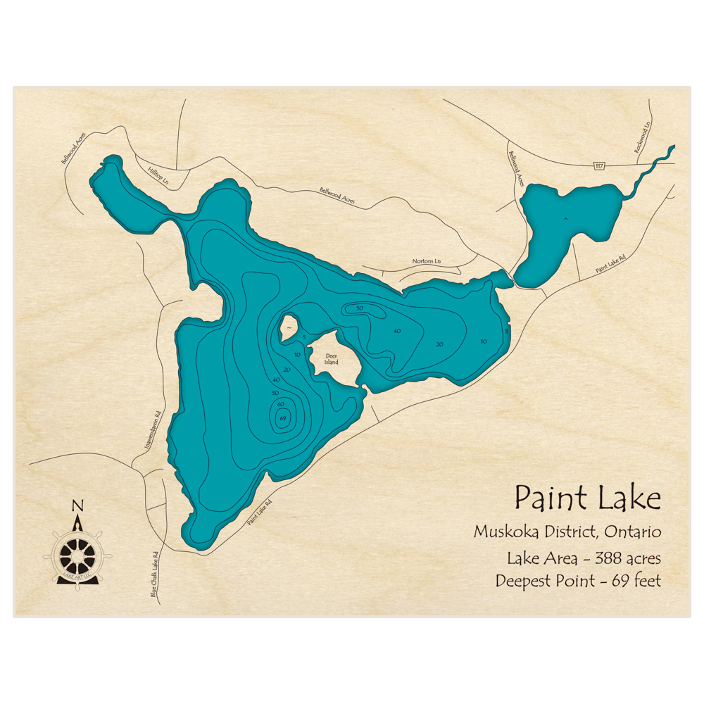 Bathymetric topo map of Paint Lake with roads, towns and depths noted in blue water