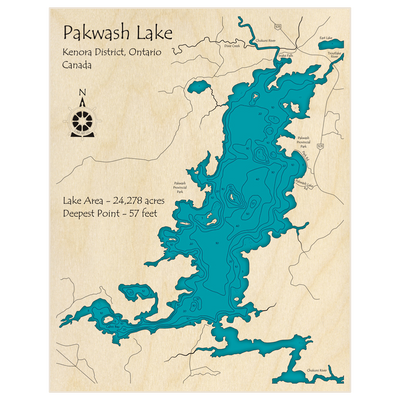 Bathymetric topo map of Pakwash Lake with roads, towns and depths noted in blue water