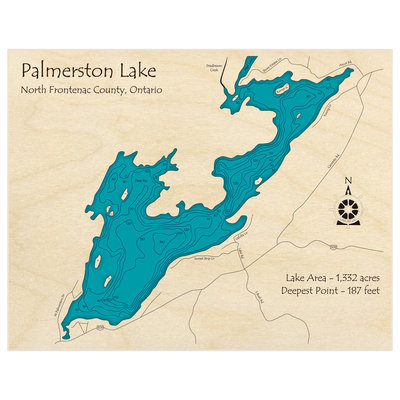 Bathymetric topo map of Palmerston Lake with roads, towns and depths noted in blue water
