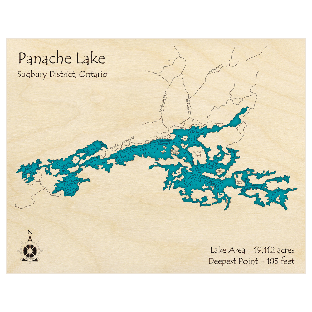 Bathymetric topo map of Panache Lake with roads, towns and depths noted in blue water