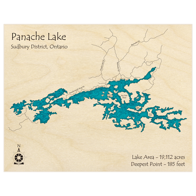 Bathymetric topo map of Panache Lake with roads, towns and depths noted in blue water