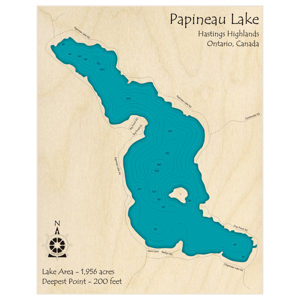 Bathymetric topo map of Papineau Lake with roads, towns and depths noted in blue water