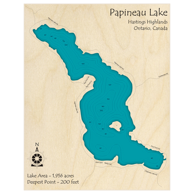 Bathymetric topo map of Papineau Lake with roads, towns and depths noted in blue water