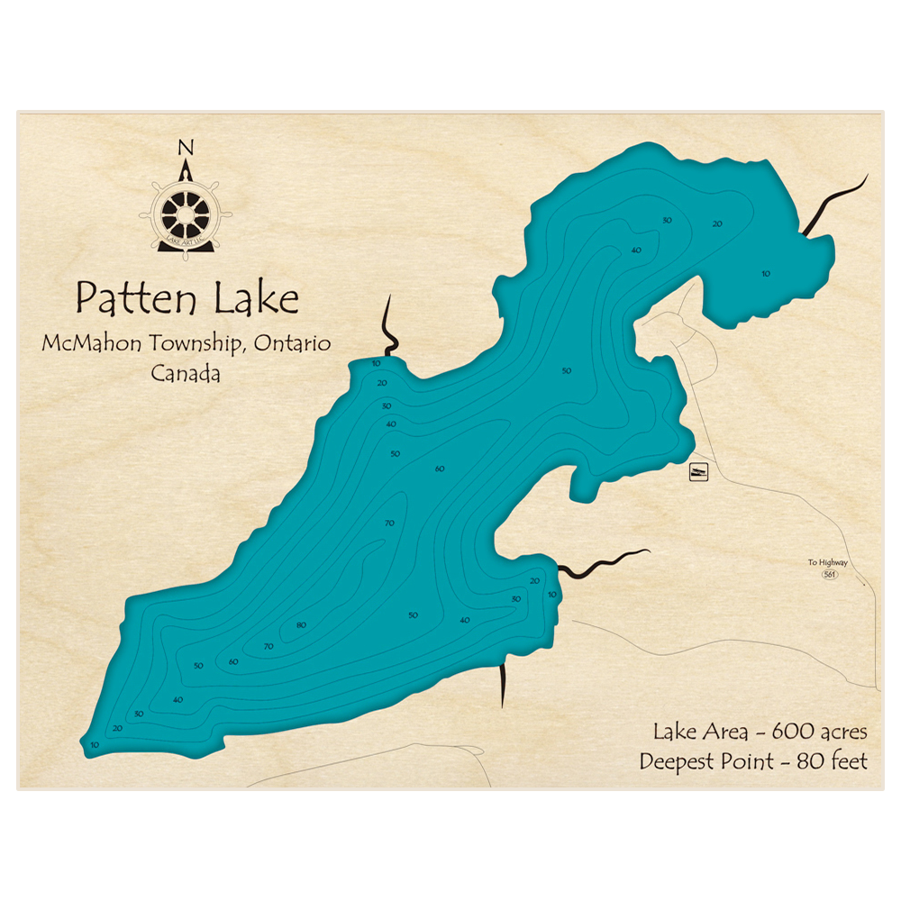 Bathymetric topo map of Patten Lake with roads, towns and depths noted in blue water
