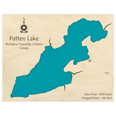 Bathymetric topo map of Patten Lake with roads, towns and depths noted in blue water