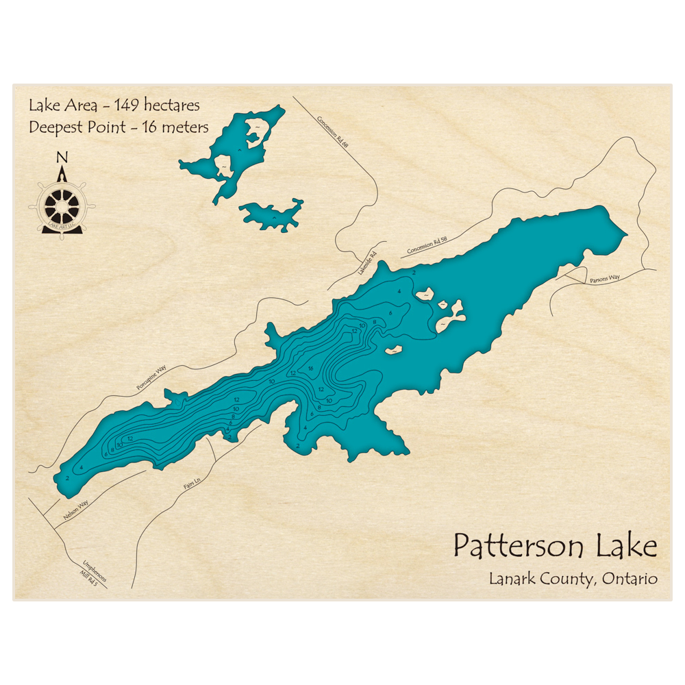 Bathymetric topo map of Patterson Lake with roads, towns and depths noted in blue water