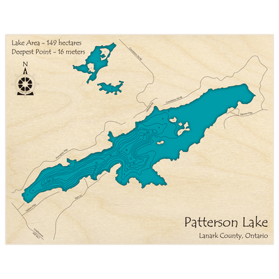 Bathymetric topo map of Patterson Lake with roads, towns and depths noted in blue water