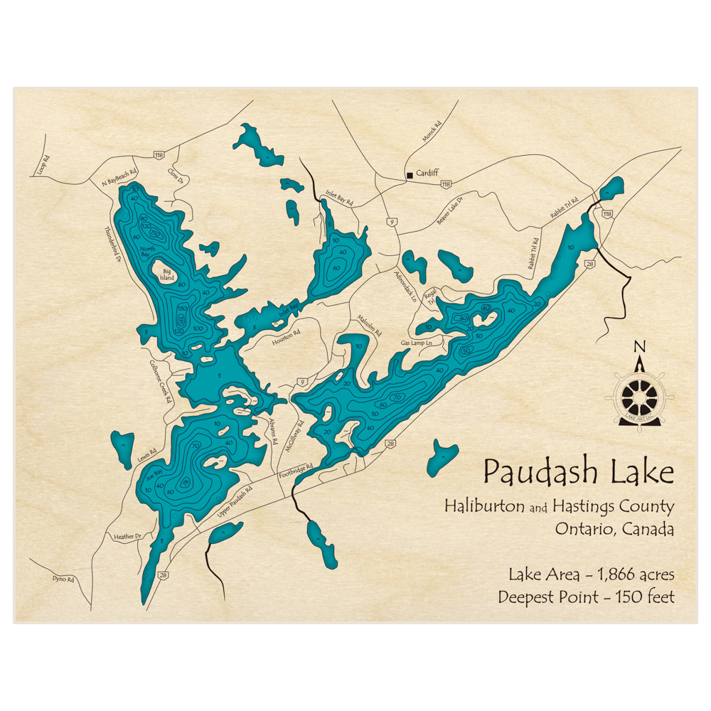 Bathymetric topo map of Paudash Lake with roads, towns and depths noted in blue water