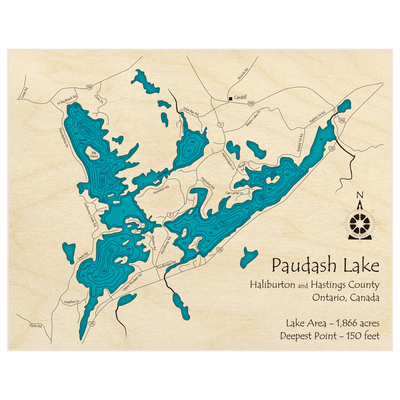 Bathymetric topo map of Paudash Lake with roads, towns and depths noted in blue water