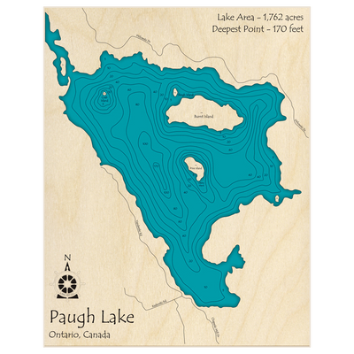 Bathymetric topo map of Paugh Lake with roads, towns and depths noted in blue water