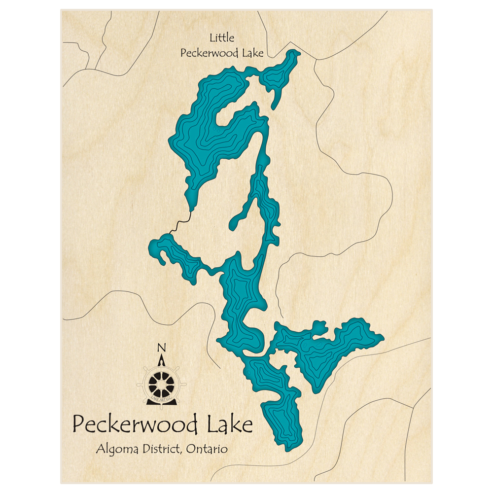 Bathymetric topo map of Peckerwood Lake and Little Peckerwood Lake  with roads, towns and depths noted in blue water