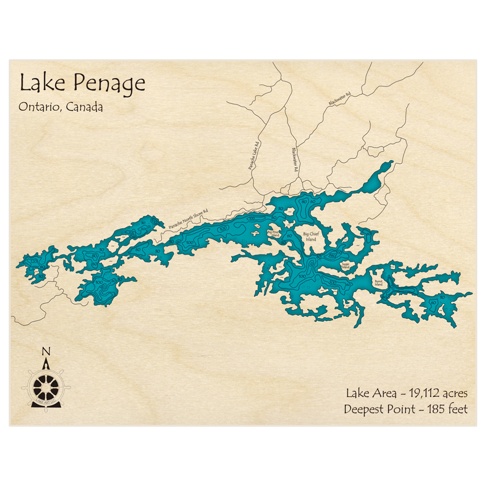 Bathymetric topo map of Penage Lake with roads, towns and depths noted in blue water