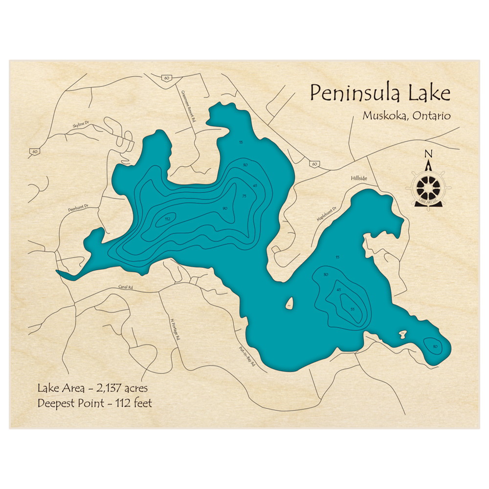 Bathymetric topo map of Peninsula Lake with roads, towns and depths noted in blue water
