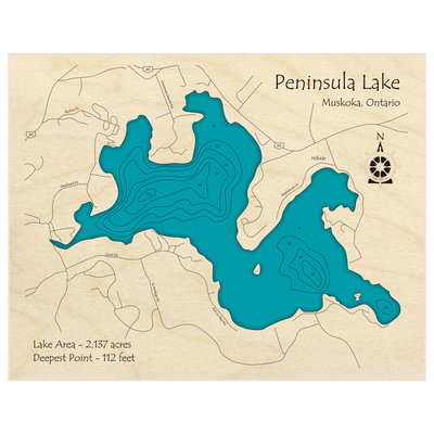 Bathymetric topo map of Peninsula Lake with roads, towns and depths noted in blue water