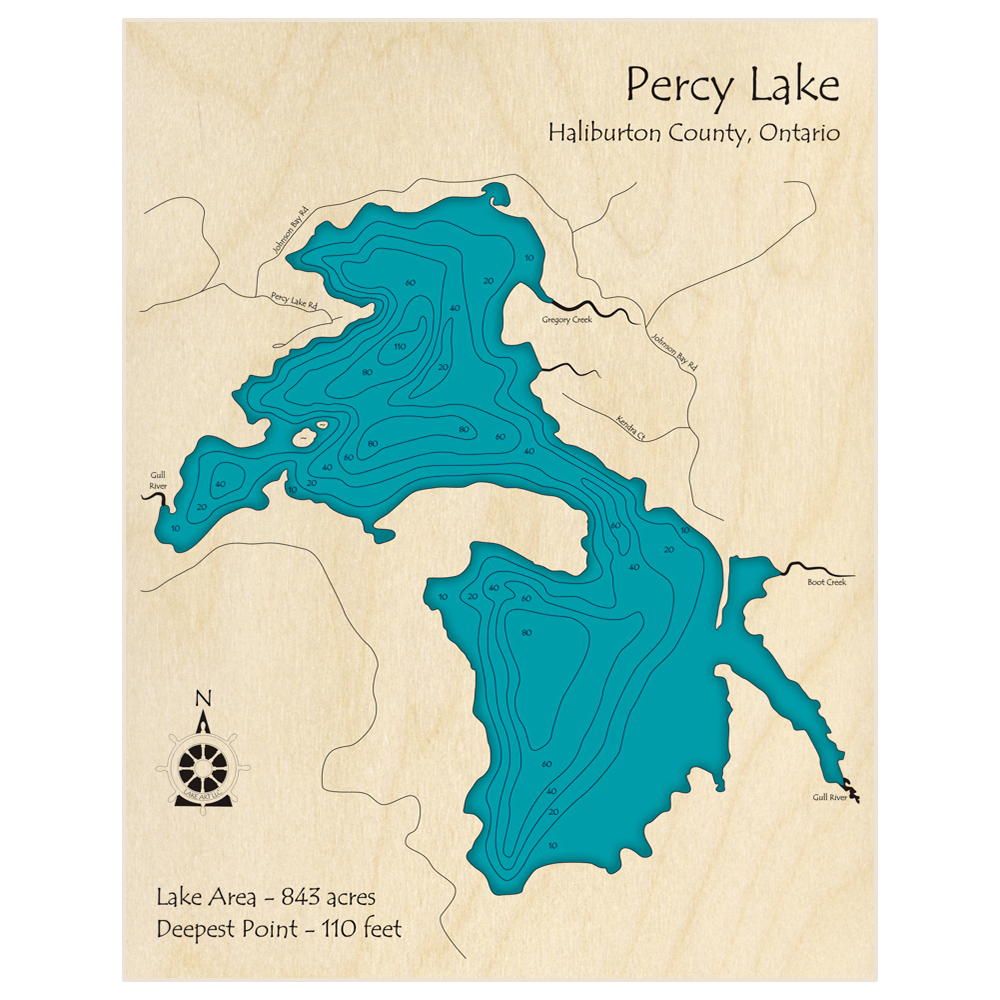 Bathymetric topo map of Percy Lake with roads, towns and depths noted in blue water