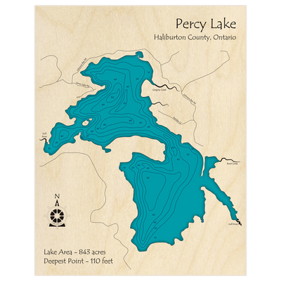 Bathymetric topo map of Percy Lake with roads, towns and depths noted in blue water