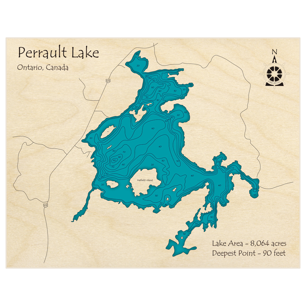Bathymetric topo map of Perrault Lake with roads, towns and depths noted in blue water