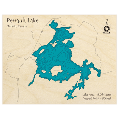 Bathymetric topo map of Perrault Lake with roads, towns and depths noted in blue water