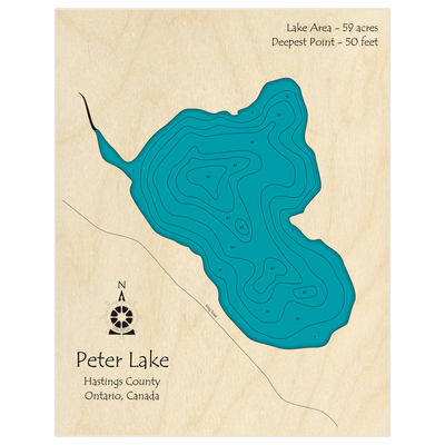 Bathymetric topo map of Peter Lake with roads, towns and depths noted in blue water