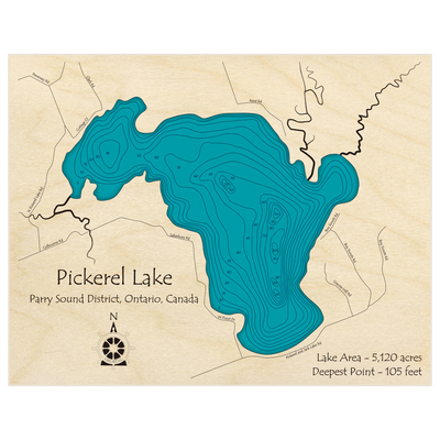 Bathymetric topo map of Pickerel Lake with roads, towns and depths noted in blue water