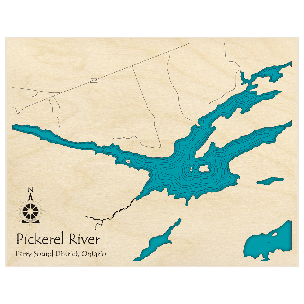 Bathymetric topo map of Pickerel River (area near hwy 522)  with roads, towns and depths noted in blue water