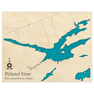 Bathymetric topo map of Pickerel River (area near hwy 522)  with roads, towns and depths noted in blue water