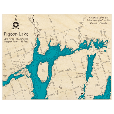Bathymetric topo map of Pigeon Lake (Zoomed In on Northern Section Only) with roads, towns and depths noted in blue water