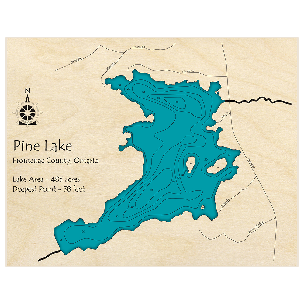 Bathymetric topo map of Pine Lake (near Clarendon Station) with roads, towns and depths noted in blue water