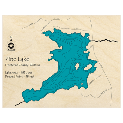 Bathymetric topo map of Pine Lake (near Clarendon Station) with roads, towns and depths noted in blue water