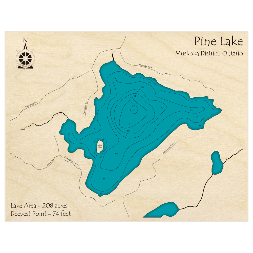 Bathymetric topo map of Pine Lake (near Oakley and Bracebridge) with roads, towns and depths noted in blue water