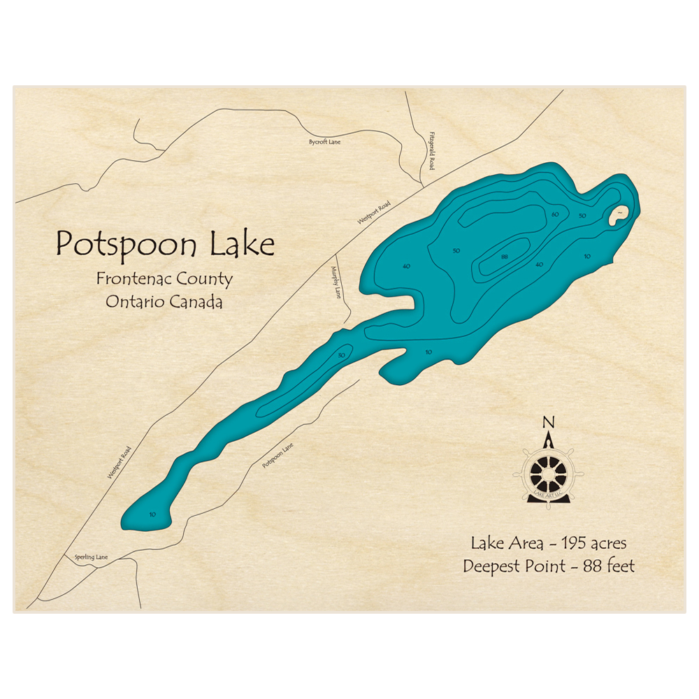 Bathymetric topo map of Potspoon Lake with roads, towns and depths noted in blue water