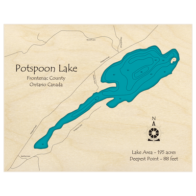 Bathymetric topo map of Potspoon Lake with roads, towns and depths noted in blue water