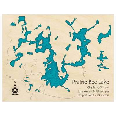 Bathymetric topo map of Prairie Bee Lake with roads, towns and depths noted in blue water