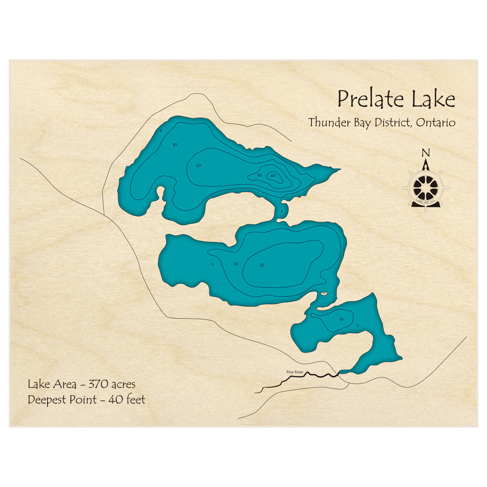 Bathymetric topo map of Prelate Lake with roads, towns and depths noted in blue water