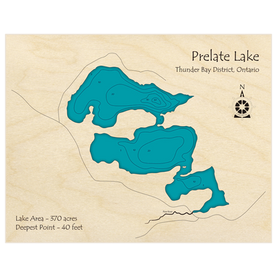 Bathymetric topo map of Prelate Lake with roads, towns and depths noted in blue water
