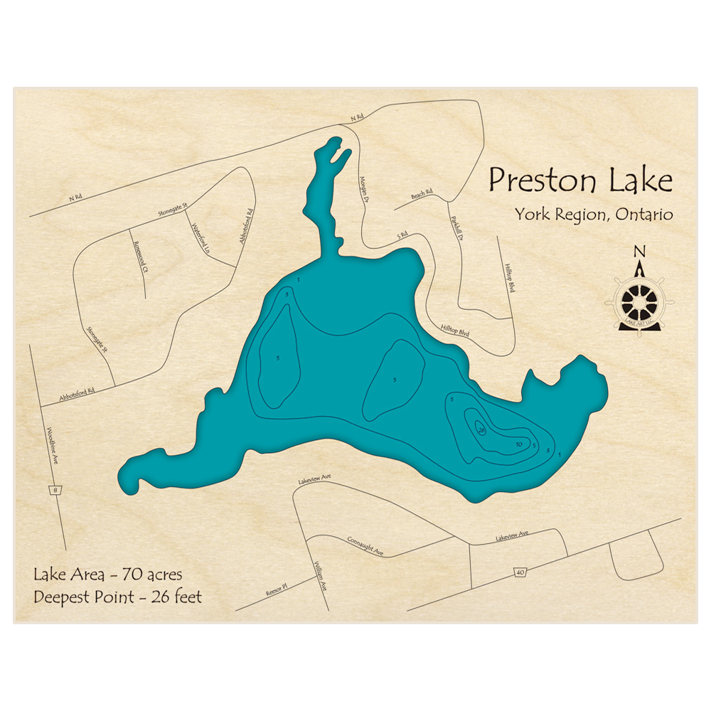 Bathymetric topo map of Preston Lake with roads, towns and depths noted in blue water