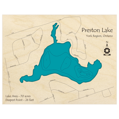 Bathymetric topo map of Preston Lake with roads, towns and depths noted in blue water