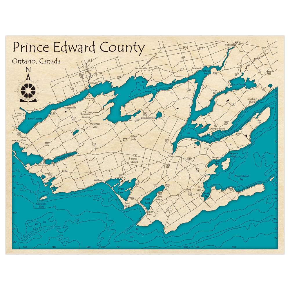 Bathymetric topo map of Prince Edward County with roads, towns and depths noted in blue water