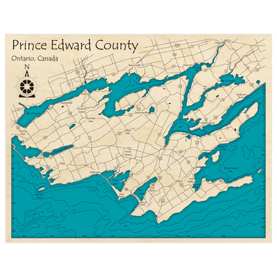 Bathymetric topo map of Prince Edward County with roads, towns and depths noted in blue water