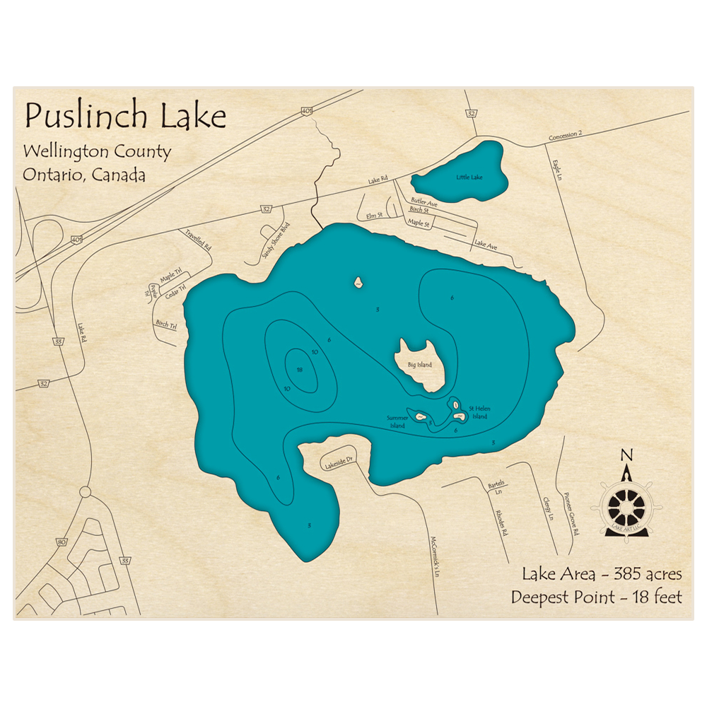 Bathymetric topo map of Puslinch Lake with roads, towns and depths noted in blue water