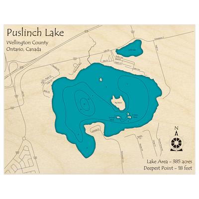 Bathymetric topo map of Puslinch Lake with roads, towns and depths noted in blue water