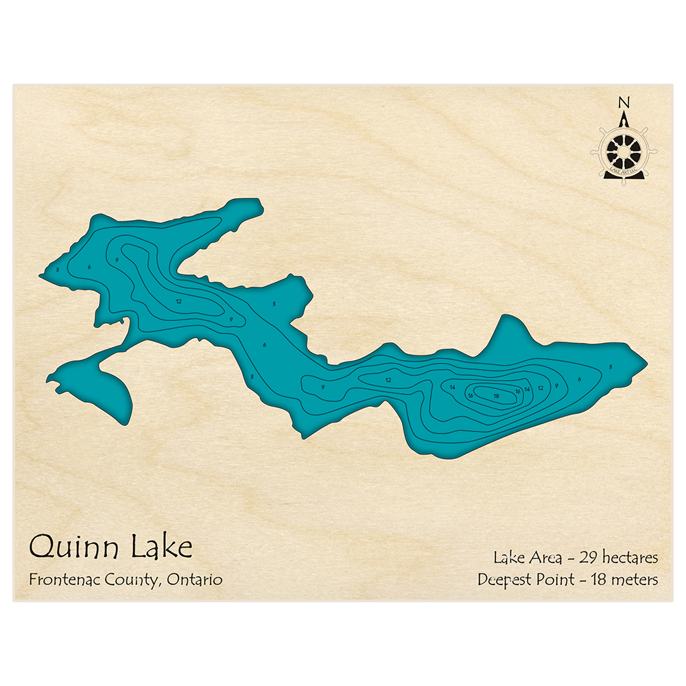 Bathymetric topo map of Quinn Lake with roads, towns and depths noted in blue water