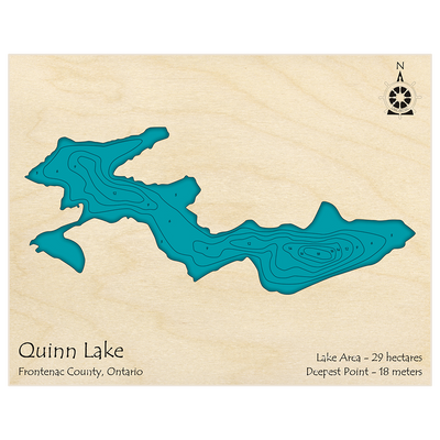 Bathymetric topo map of Quinn Lake with roads, towns and depths noted in blue water