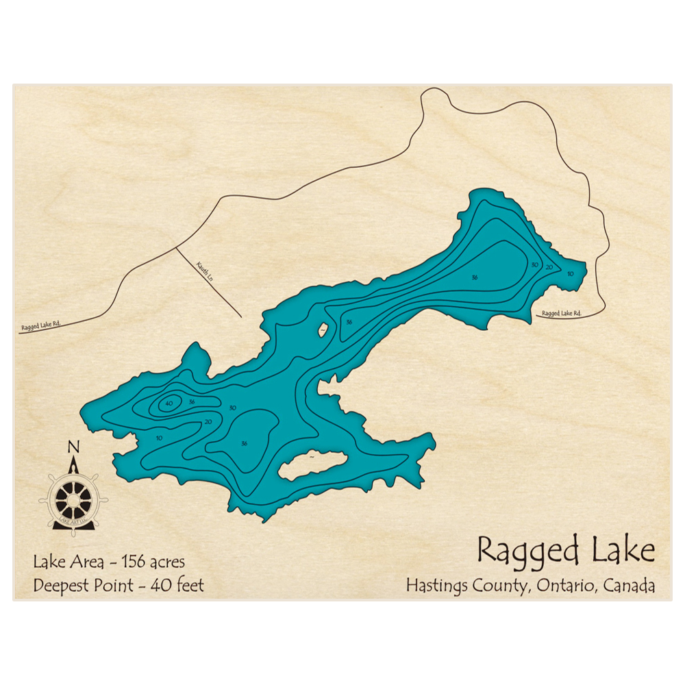 Bathymetric topo map of Ragged Lake with roads, towns and depths noted in blue water