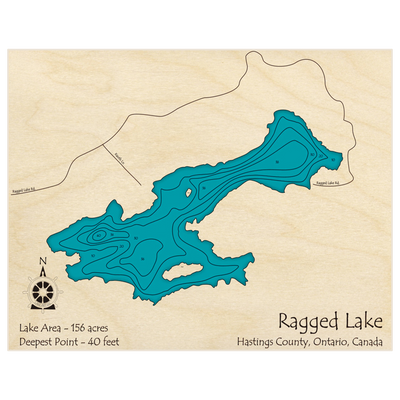 Bathymetric topo map of Ragged Lake with roads, towns and depths noted in blue water