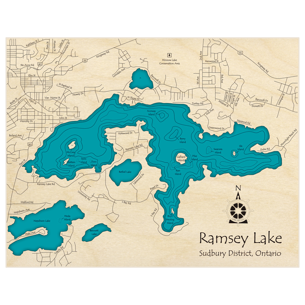 Bathymetric topo map of Ramsey Lake with roads, towns and depths noted in blue water